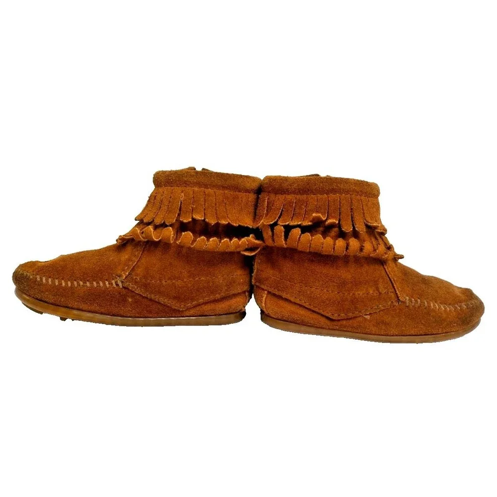 Minnetonka Girl's Brown Suede Leather Fringe Ankle Boots Moccasin Zipper -Sz 9T